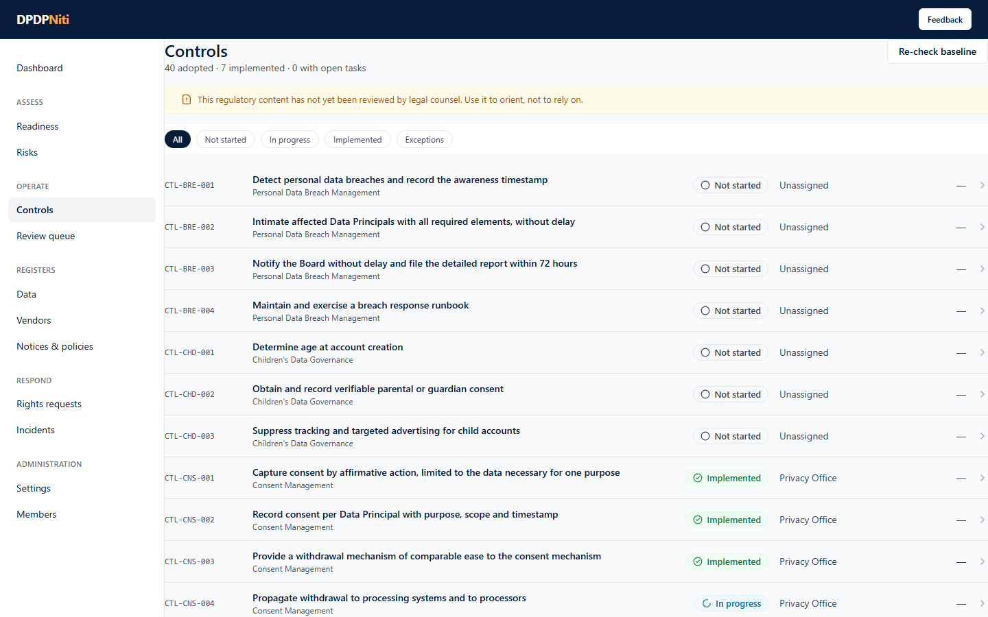 The controls register listing adopted controls with their accountable owner and an implementation status of Implemented, In progress or Not started.